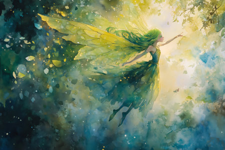 A vibrant fairy with green wings stretches towards sunlight filtering through trees in a magical, lush forest filled with shimmering leaves and ethereal colors.の素材