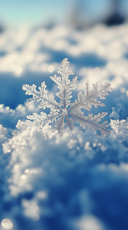 A delicate snowflake displays its unique crystal structure perched on a smooth surface of bright blue snow. The sunlight enhances the icy details, creating a winter wonderland effect.の素材