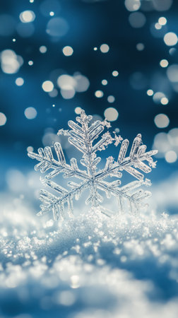 A delicate snowflake displays its unique crystal structure perched on a smooth surface of bright blue snow. The sunlight enhances the icy details, creating a winter wonderland effect.の素材