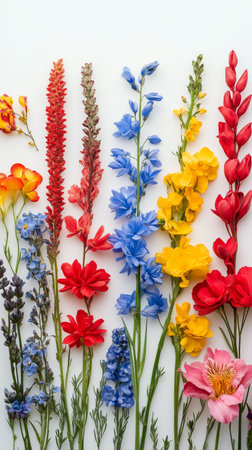 Vibrant wildflowers in red, yellow, blue, and white are arranged vertically against a clean white backdrop, displaying their diverse shapes and colors in an artistic layout.の素材