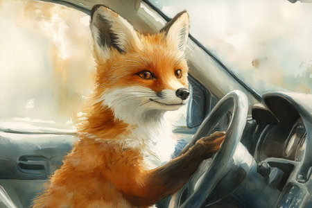 A fox is behind the wheel of a blue convertible, enjoying a sunny day. The car zooms through a playful splash of colors and dust, adding a whimsical touch to the moment.の素材