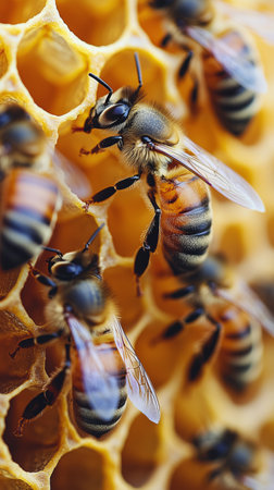 Bees work diligently on a honeycomb, collecting nectar and contributing to honey production in a vibrant beehive on a warm afternoon in nature.の素材
