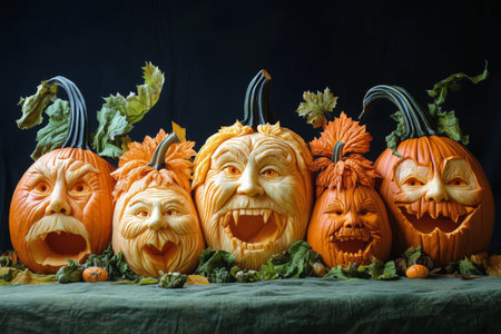 Three intricately carved pumpkins with joyful expressions sit among green foliage, highlighting the festive spirit of Halloween in a warm and inviting location.の素材