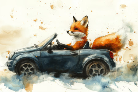 A fox is behind the wheel of a blue convertible, enjoying a sunny day. The car zooms through a playful splash of colors and dust, adding a whimsical touch to the moment.の素材