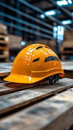 An orange safety helmet rests on a wooden pallet in a spacious warehouse. Shelves filled with supplies and a well-lit background create a focused workplace atmosphere.の素材