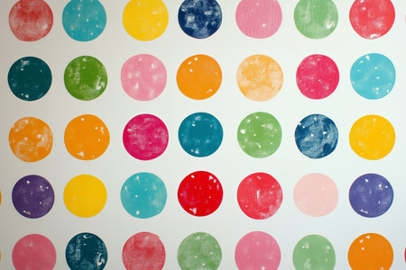 This design showcases a vibrant array of polka dots in various colors, creating a playful atmosphere suitable for a creative space or children's room.の素材