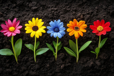 Vibrant red, maroon, and yellow flowers stand tall in rich dark soil, showing the beauty of a garden during the thriving spring season.の素材