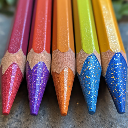 A collection of colored pencils displayed in a fan shape, highlighting shades of yellow, blue, purple, and pink. The smooth texture contrasts with the bright colors.の素材