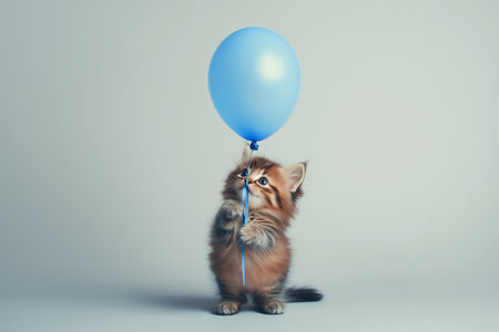 A playful kitten interacts with a bright blue balloon, reaching up with curiosity. The soft, neutral background highlights the adorable moment of joy and exploration.の素材