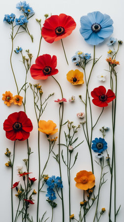 Vibrant wildflowers in red, yellow, blue, and white are arranged vertically against a clean white backdrop, displaying their diverse shapes and colors in an artistic layout.の素材