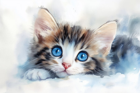 A fluffy kitten with captivating blue eyes relaxes peacefully on a soft surface. Its playful demeanor and vibrant fur create an atmosphere of warmth and charm.の素材