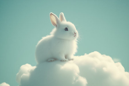 A fluffy white rabbit rests peacefully on a soft cloud under a clear blue sky during the daytime, capturing a tranquil and whimsical atmosphere.の素材