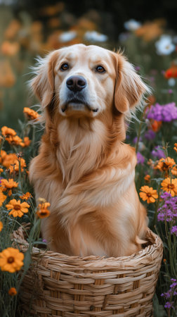 A golden retriever sits in a woven basket amidst colorful blooming flowers in a garden, enjoying a sunny spring day filled with beauty and vibrant colors.の素材