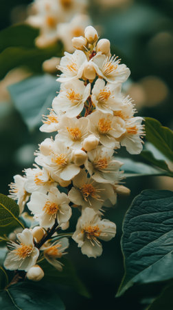 Close-up of delicate white flowers featuring vibrant yellow stamens growing amidst rich green foliage in a serene garden environment, showing nature's beauty in full bloom.の素材