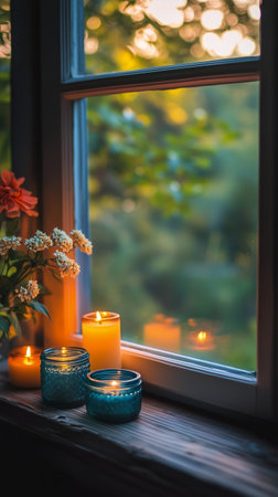 A cozy window view features glowing candles and flowers, illuminated by warm sunset light filtering through greenery. The atmosphere evokes tranquility and comfort.の素材