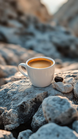 A white coffee cup rests on textured rocks with a dark coffee inside, surrounded by smooth pebbles under soft early morning light by the water's edge.の素材