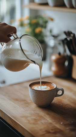 A hand pours warm milk from a glass pitcher into a cup, creating beautiful latte art. The background features a cozy kitchen with flowers and utensils.の素材