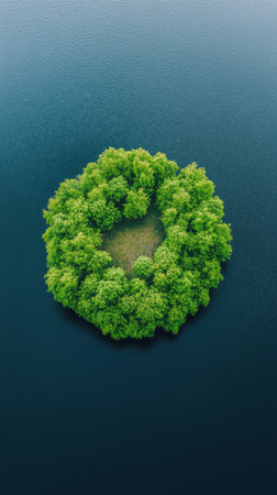A lush green island shaped like a circle emerges from tranquil waters, surrounded by a pristine and serene landscape under clear skies.の素材