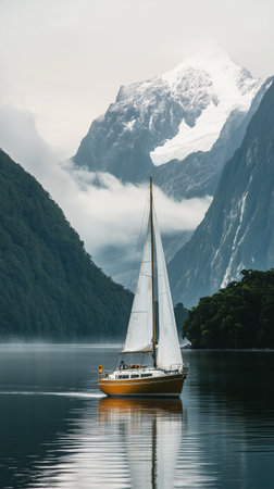 A sailboat glides across calm waters at a fjord, surrounded by majestic mountains and patches of mist. The morning light highlights the beauty of nature and serenity.の素材