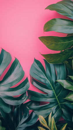 Lush green leaves spread across a bold pink backdrop, offering a fresh and lively tropical vibe, perfect for enhancing mood and creativity in any space.の素材