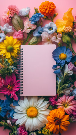 A vibrant assortment of colorful flowers surrounds a blank spiral notebook on a soft pink surface, inviting creativity and reflection.の素材