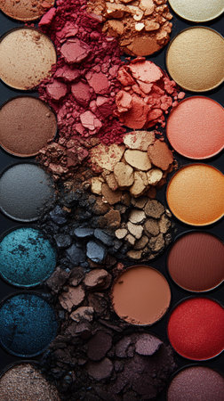 A vibrant collection of eyeshadow shades laid out in an artistic manner, featuring rich textures and colors from earthy tones to bright hues, inviting creativity in makeup application.の素材