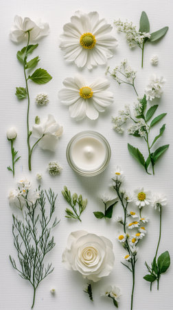 Fresh white flowers are arranged around a small candle on a light surface, creating a tranquil and inviting atmosphere suitable for relaxation or decoration.の素材