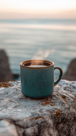 A steaming cup of coffee sits on a rock near the ocean. Mist covers the cliffs in the distance, creating a serene atmosphere during a quiet morning.の素材