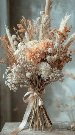 A vibrant bouquet composed of dried flowers in rich hues of purple, pink, orange, and cream is tied with a soft ribbon. The arrangement features roses, lavender, and decorative foliage.の素材