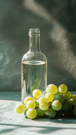 A cluster of plump red grapes rests next to a clear glass bottle sealed with a cork, set against a smooth gray backdrop, creating an elegant and inviting display.の素材