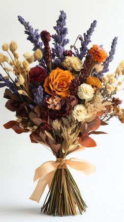 A vibrant bouquet composed of dried flowers in rich hues of purple, pink, orange, and cream is tied with a soft ribbon. The arrangement features roses, lavender, and decorative foliage.の素材