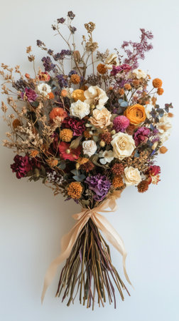 A vibrant bouquet composed of dried flowers in rich hues of purple, pink, orange, and cream is tied with a soft ribbon. The arrangement features roses, lavender, and decorative foliage.の素材