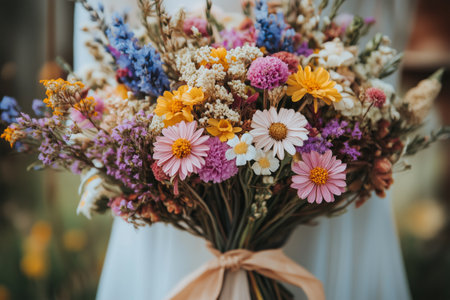 A vibrant bouquet filled with a variety of wildflowers is held in hands during a sunny spring afternoon. The arrangement features daisies, asters, and other blooming flowers.の素材
