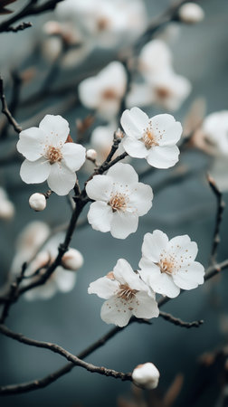 Delicate white magnolia flowers bloom on slender branches, illuminated by gentle sunlight in a serene spring setting, highlighting their natural beauty and grace.の素材