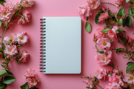 A blank notebook lies in the center, surrounded by delicate pink roses on a soft pink background, inviting creativity and reflection in a serene setting.の素材