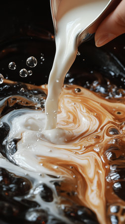A rich brown coffee is enhanced with creamy milk being poured in, forming a swirling pattern. The setting is warm and inviting, perfect for enjoying a beverage.の素材