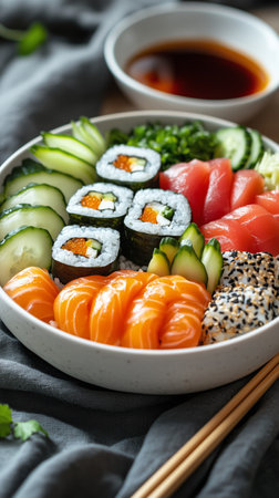 A vibrant platter features assorted sushi rolls, slices of salmon, tuna, cucumber, and garnishes, elegantly arranged for a delightful culinary experience.の素材