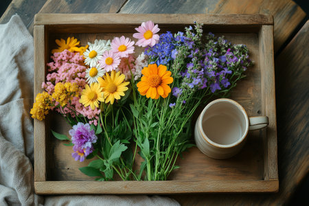 A wooden tray holds an array of vibrant wildflowers including daisies, pinks, and violets beside a simple cup, creating a charming rustic display on a wooden surface.の素材