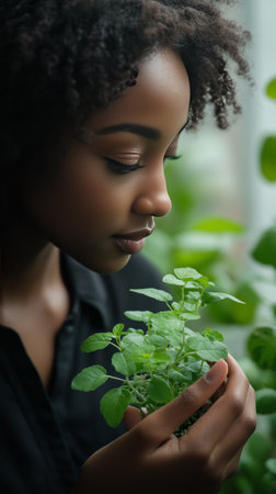 A woman softly cradles a small mint plant, immersed in thought. The green surroundings enhance the tranquil atmosphere of this moment.の素材