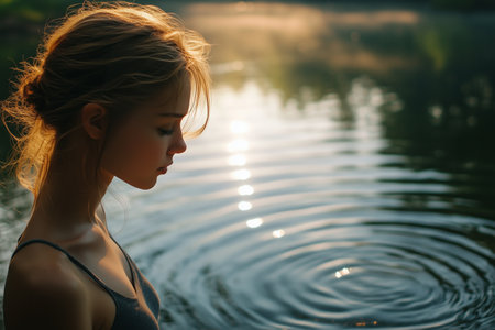 A young woman sits quietly by a tranquil lake, lost in thought as the sun rises, creating beautiful reflections on the water and gentle ripples spreading outward.の素材
