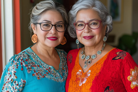Two women smile brightly while wearing vibrant traditional attire, showing intricate embroidery and jewelry. The warm indoor light highlights their elegant styles and close friendship.の素材