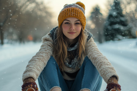 A girl wearing a cozy sweater and knitted hat sits on a snowy road, smiling softly as snowflakes fall around her, capturing the charm of a winter day.の素材