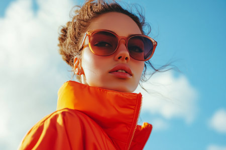 A stylish woman with curly hair wearing sunglasses and an orange jacket stands outdoors. Bright sunlight illuminates the modern city buildings behind her, creating a cheerful atmosphere.の素材