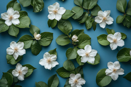 Delicate white flowers with yellow centers are surrounded by lush green leaves on a smooth teal surface, creating a vibrant and soothing composition.の素材