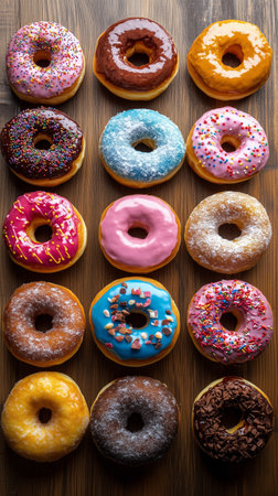 A variety of donuts in vibrant colors and toppings are neatly arranged on a wooden surface, showing an inviting selection perfect for any sweet tooth at any time of day.の素材