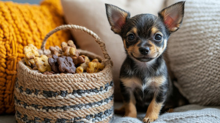 A fluffy puppy with light fur sits next to a woven basket filled with cookies in a warm and inviting living room, creating a charming atmosphere.の素材