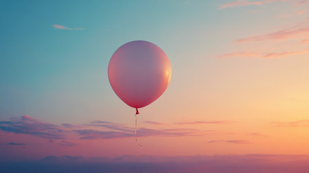 A bright red balloon is suspended in a clear sky filled with soft pastel clouds during sunset, offering a serene and enchanting atmosphere.の素材