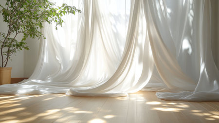 Sheer white curtains billow softly as sunlight streams through, casting delicate shadows on the floor, creating a calm ambiance in the bright, airy space.の素材