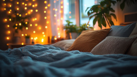 A living room filled with soft, knitted pillows and a chunky throw blanket illuminated by warm fairy lights on a winter evening, creating a cozy atmosphere.の素材