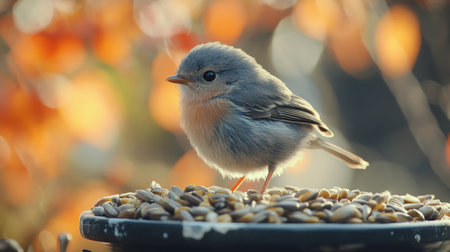 A bluebird stands on a feeding station filled with seeds, surrounded by vibrant autumn foliage glowing in the warm light of sunset, creating a serene and picturesque moment.の素材
